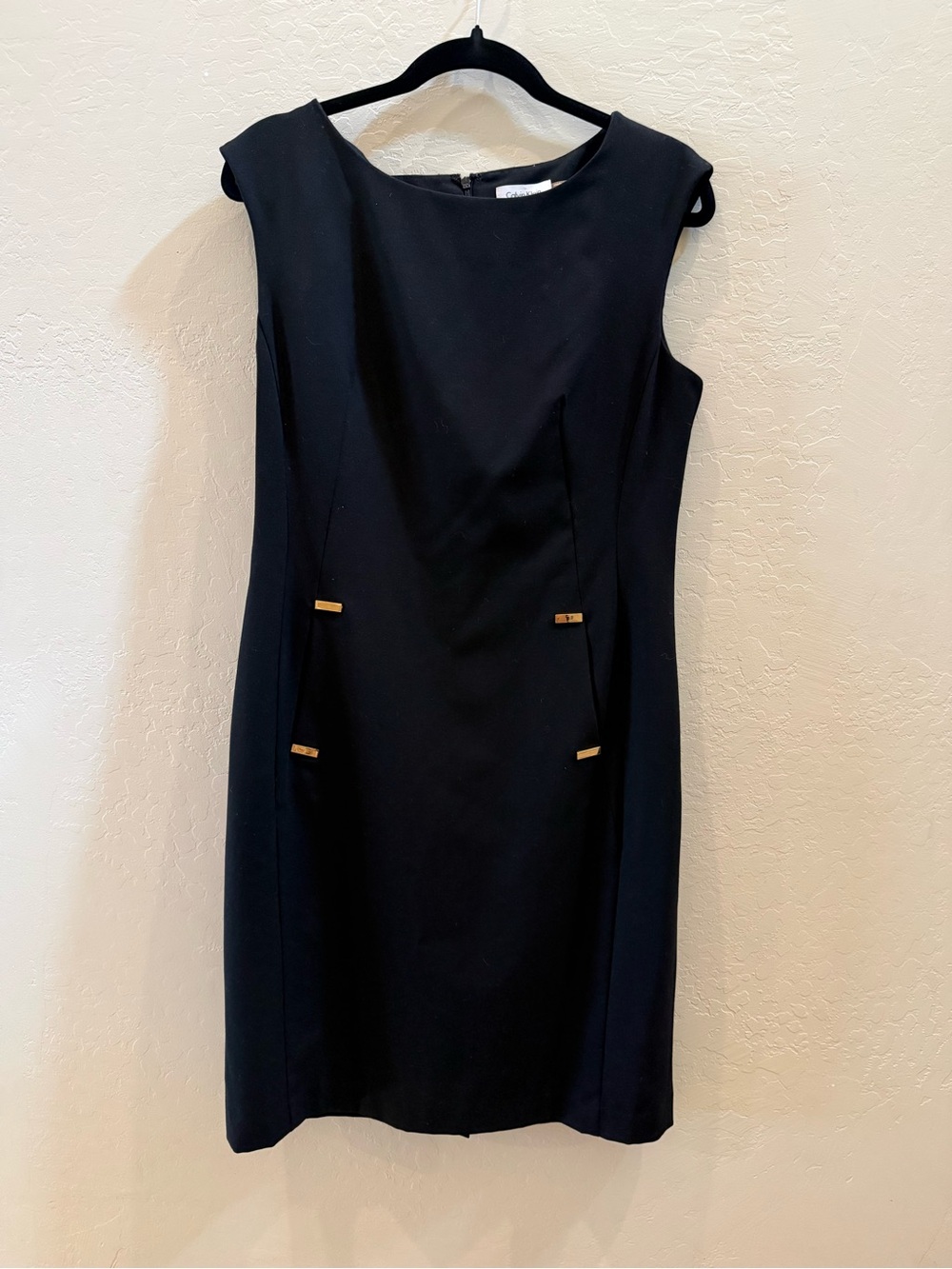 Calvin Klein Black Sheath Dress with Gold Hardware
